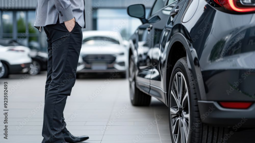 A man in business attire inspects a luxury car at an outdoor dealership, focusing on the vehicle's details. A man in business attire inspects a luxury car at an outdoor dealership, focusing on the vehicle's details.