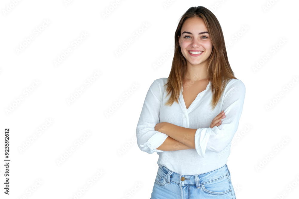 A cheerful woman stands with her arms crossed, wearing a white shirt and jeans, displaying a warm smile in a well-lit environment A cheerful woman stands with her arms crossed, wearing a white shirt and jeans, displaying a warm smile in a well-lit environment