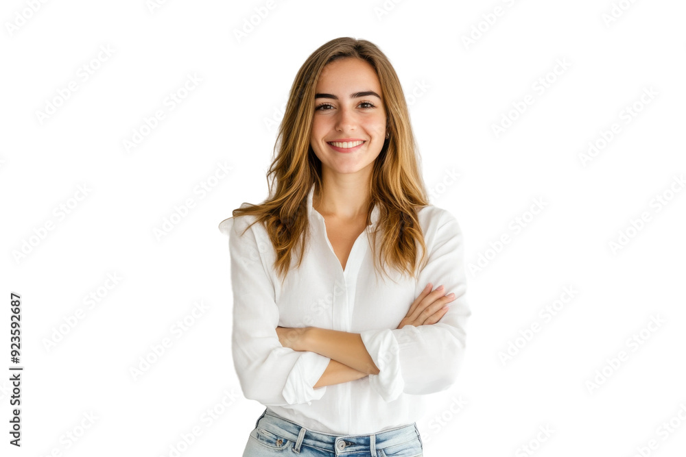 A woman smiles brightly while standing with her arms crossed, wearing a white shirt and jeans in a well-lit indoor space A woman smiles brightly while standing with her arms crossed, wearing a white shirt and jeans in a well-lit indoor space