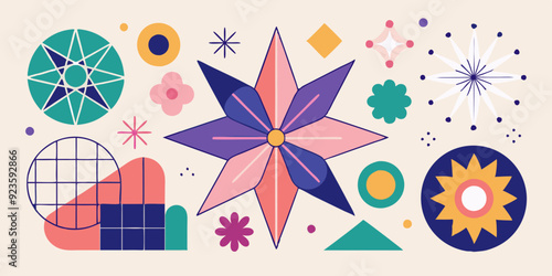 Geometric abstract flower shape set, star figure vector icon kit, funky retro brutal minimal art. Simple Memphis y2k elements collection, floral grid flat bauhaus template. Abstract flower forms