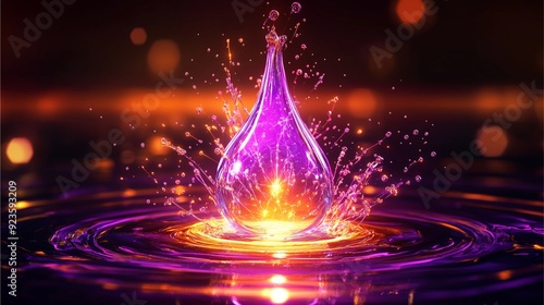 Futuristic energy, Electron liquid impact: Dynamic Purple and Orange Splashing Droplet with Radiant Glow and Ripples.

 photo