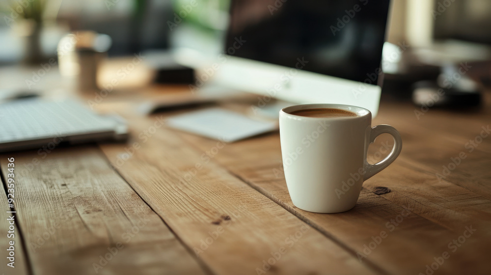 A clean and simple desk setup with a coffee cup, representing a calm and focused work environment. A clean and simple desk setup with a coffee cup, representing a calm and focused work environment.