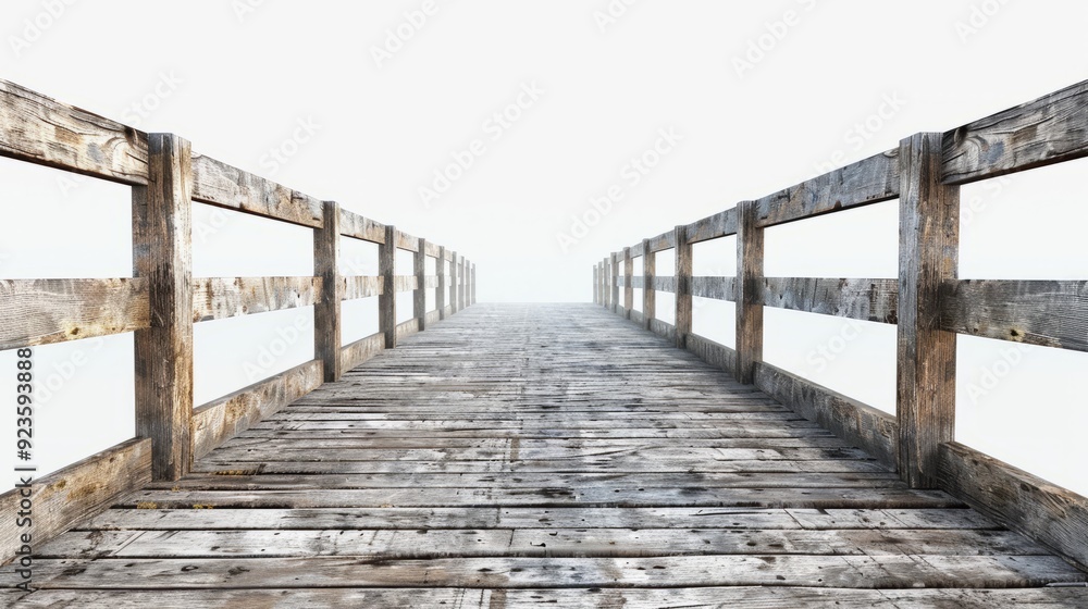 Fototapeta premium Peaceful wooden pier leading into a foggy expanse at dawn