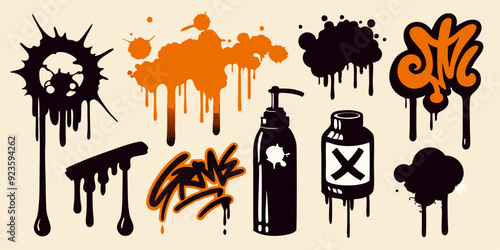 Spray graffiti element set, can splatter brush drip freehand kit, vector urban street black grunge. Cool hand writing stain splash, dirty messy airy ink stroke and circles. Spray graffiti dark splash 