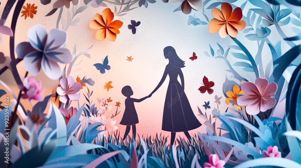 Mother and child silhouette in a colorful, whimsical garden with butterflies and flowers, depicting a serene and enchanting moment. Mother and child silhouette in a colorful, whimsical garden with butterflies and flowers, depicting a serene and enchanting moment.