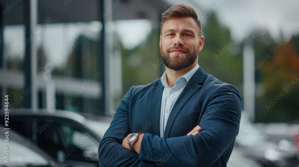 A confident businessman in a blue suit stands with arms crossed outside a modern car dealership, exuding professionalism. A confident businessman in a blue suit stands with arms crossed outside a modern car dealership, exuding professionalism.