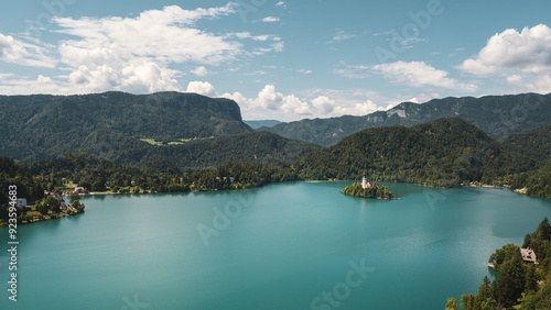 Wide landscape view of Lake Bled, Slovenia in summertime