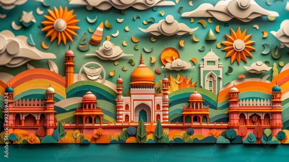 Obraz premium Vibrant Paper Art Celebrating India's Independence Day with Iconic Monuments and Cultural Symbols