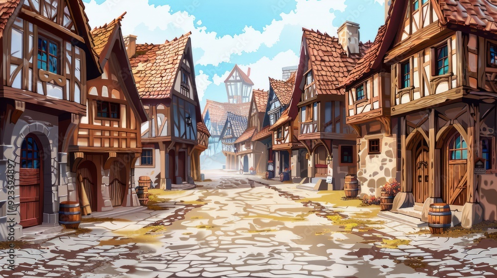 Obraz premium Charming medieval village street with rustic houses and cobblestone pathway on a sunny day