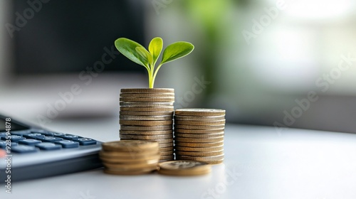 Financial Growth Concept with Stacks of Coins, Green Sprout, and Calculator on White Background