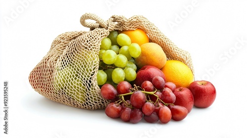String Bag with Fresh Fruits Isolated on White Background