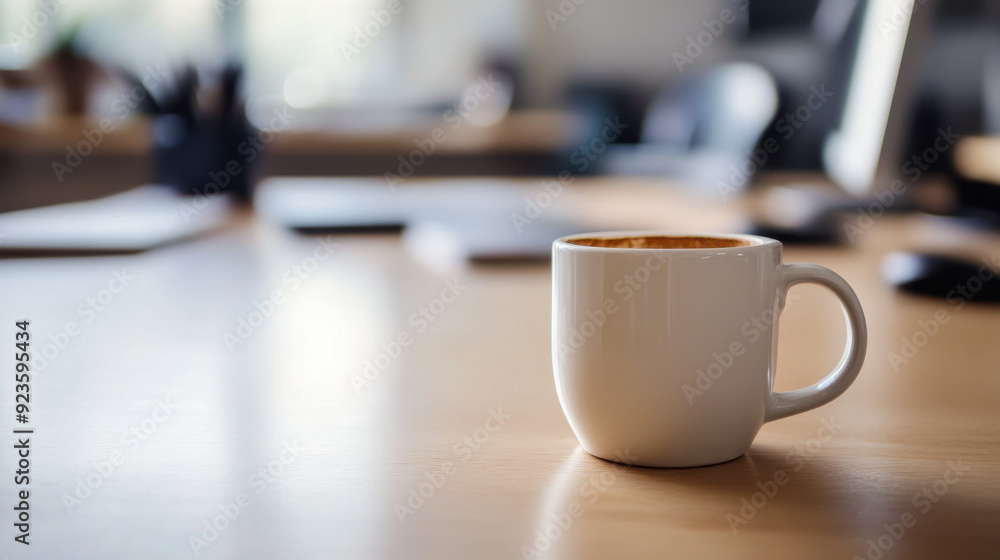 A coffee cup on a clean, uncluttered desk in a minimalist office setting. A coffee cup on a clean, uncluttered desk in a minimalist office setting.