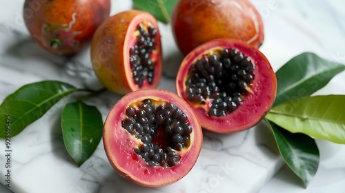 Close up of babaco fruits with a few sliced to reveal their juicy, seedless interior on a white marble surface accented by green leaves for a fresh and appealing food shot photo