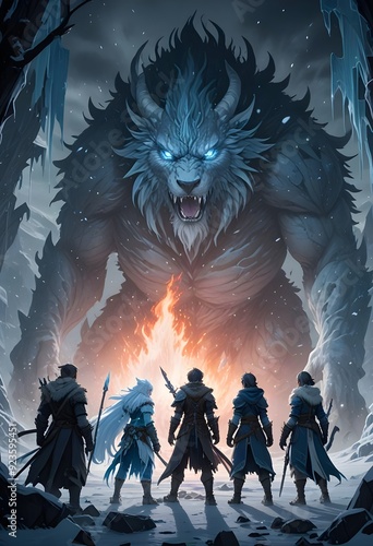 A group of people stand in front of a large, red, glowing orb. The image is from a video game and the people are dressed in medieval clothing