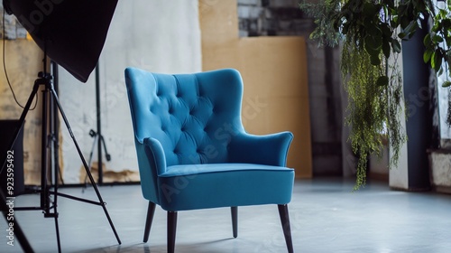 Elegant Blue Armchair in Professional Photo Studio Setting