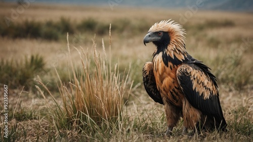 Majestic Bearded Vulture standing in a Grass Field.