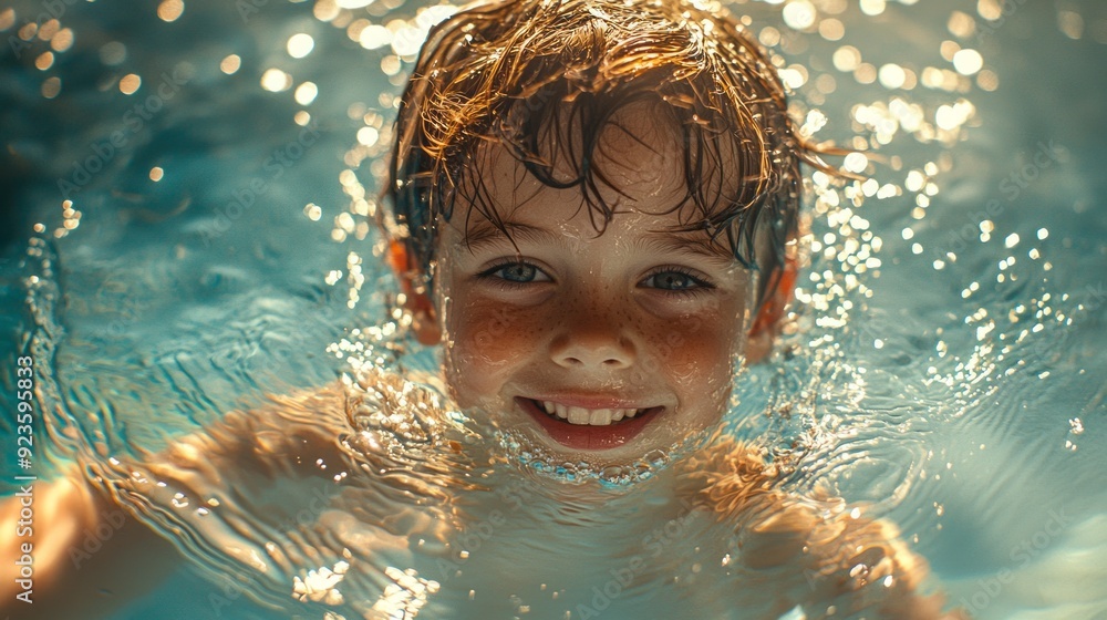 A cheerful boy smiles underwater, surrounded by sparkling light and playful bubbles, capturing the essence of summertime joy and carefree swimming A cheerful boy smiles underwater, surrounded by sparkling light and playful bubbles, capturing the essence of summertime joy and carefree swimming