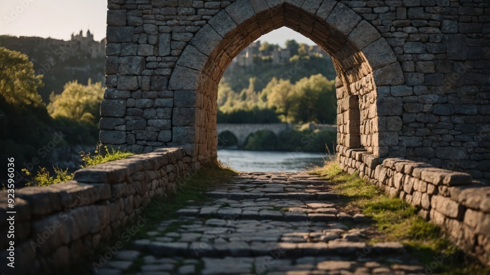A stone bridge leading to a castle its arches adorned with subtle solar lights that enhance the medieval atmosphere. A stone bridge leading to a castle its arches adorned with subtle solar lights that enhance the medieval atmosphere.