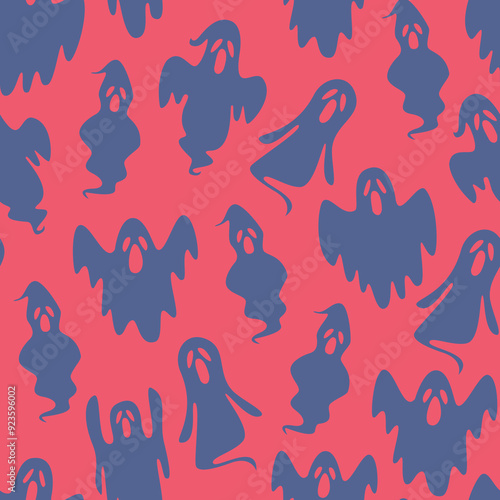 Playful pink ghost pattern with raised arms on a pink background; ideal for quirky Halloween-themed designs, textiles, and cheerful decorations. Perfect for fun and spooky projects