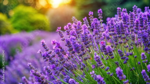 Vibrant lavender bush in full bloom with lush purple flowers and green leaves, lavender, bush, full bloom, vibrant