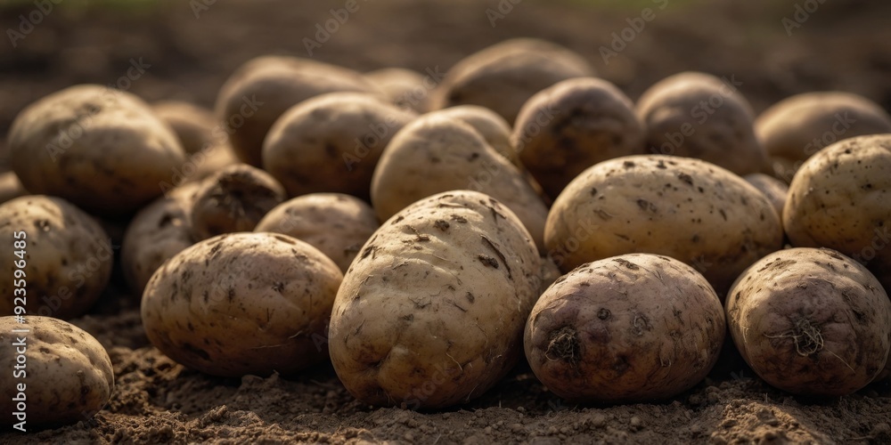 A close-up of earthy potatoes with natural imperfections whispering stories of growth and the simplicity of farm life. A close-up of earthy potatoes with natural imperfections whispering stories of growth and the simplicity of farm life.