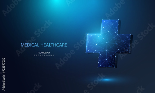 Medical healthcare technology background. Health plus digital symbol in wireframe style. Pharmacy or hospital cross icon vector design. 