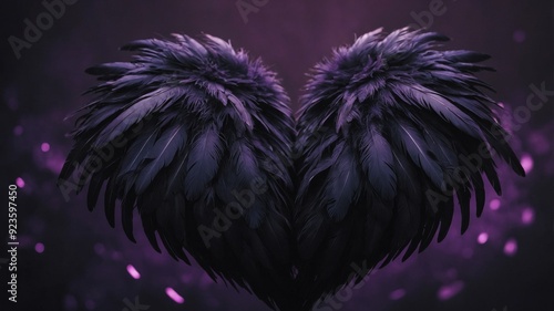 A heart of black and purple feathers Gothic love concept. photo