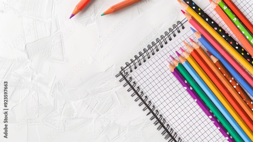 Colorful Education Back to School Background with Pencils and Notebooks on White Textured Surface Colorful Education Back to School Background with Pencils and Notebooks on White Textured Surface