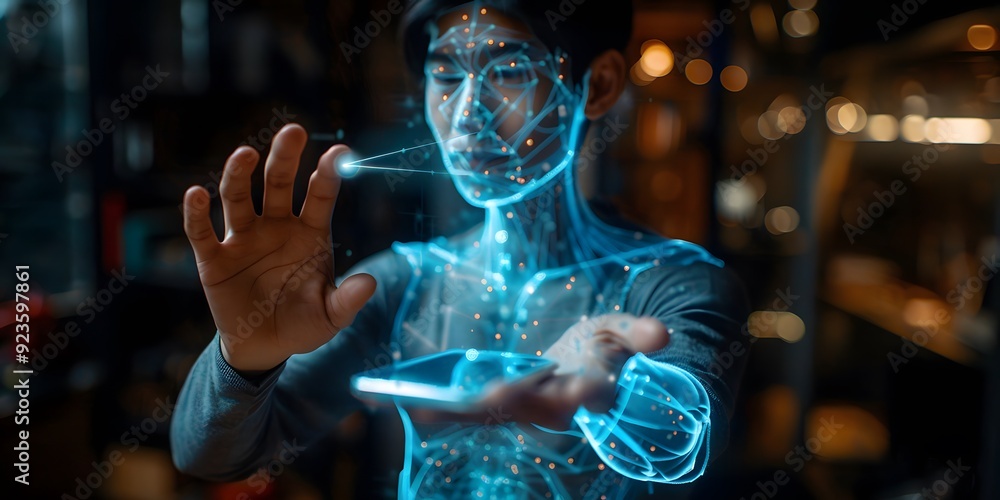 IoT Concept in Business and Technology: Holographic Smart Technology Images Featuring Facial and Body Recognition with Tech Particles. A Futuristic Representation of Advanced IoT Integration in Human- IoT Concept in Business and Technology: Holographic Smart Technology Images Featuring Facial and Body Recognition with Tech Particles. A Futuristic Representation of Advanced IoT Integration in Human-