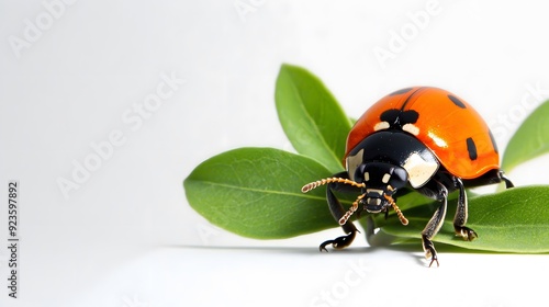 Side view of a ladybug with orange and black markings, perched on a white surface. Copy space.  photo