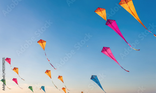 Colorful Kites Soaring in the Blue Sky Above the Beach During Sunset