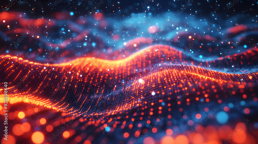 Futuristic digital landscape with glowing red and blue particles forming a dynamic wave pattern Futuristic digital landscape with glowing red and blue particles forming a dynamic wave pattern