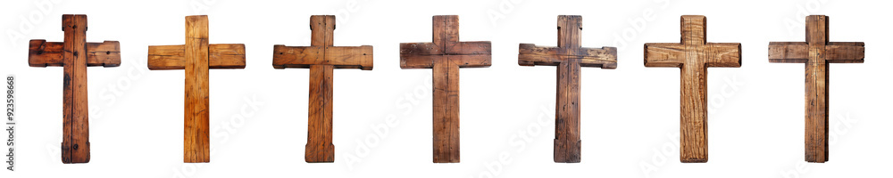 Collection of wooden Christian crosses, Church crosses isolated on a transparent background, religion symbol, cut-out, PNG