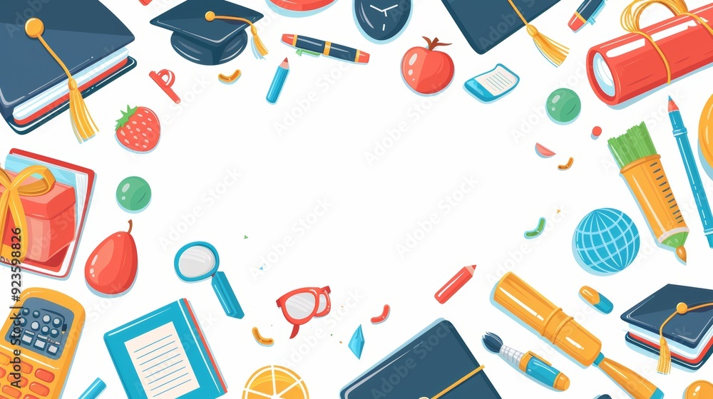Colorful Education Back to School Background with Books, Stationery, and Graduation Caps for Academic Themes Colorful Education Back to School Background with Books, Stationery, and Graduation Caps for Academic Themes