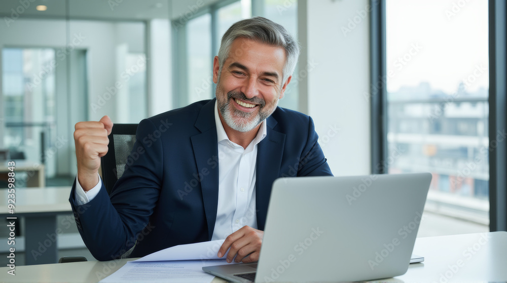 A confident businessman in a modern office, smiling and raising his fist in triumph while working on a laptop, signaling a successful outcome. A confident businessman in a modern office, smiling and raising his fist in triumph while working on a laptop, signaling a successful outcome.