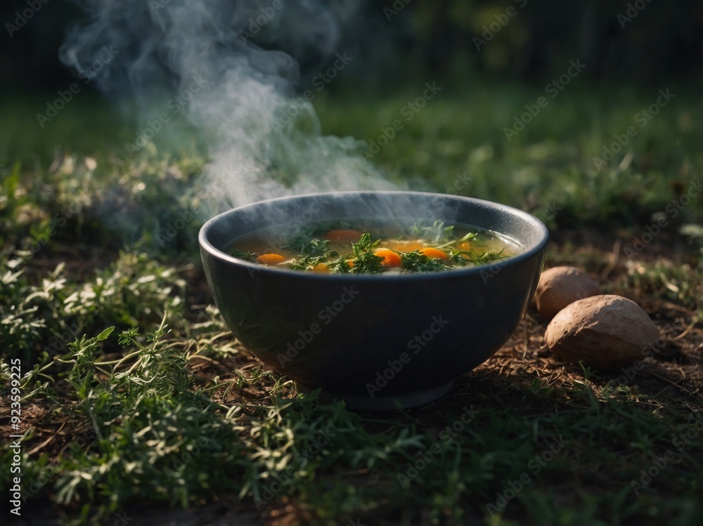 A bowl of steaming hot soup made with wild herbs foraged from the surrounding forest. A bowl of steaming hot soup made with wild herbs foraged from the surrounding forest.