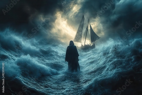 dramatic biblical scene of jesus walking on turbulent sea waters during a storm disciples boat visible in the distance photo