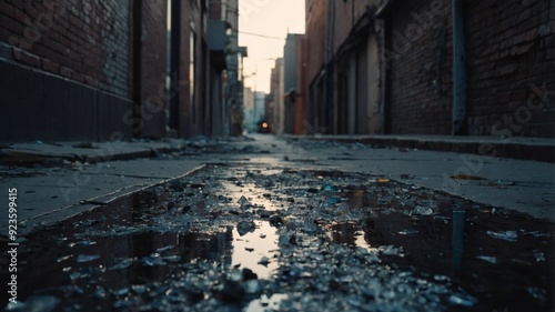 A grimy and neglected alley with shattered glass and tered debris hinting at a previous violent encounter.