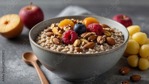 A bowl of freshly cooked buckwheat porridge topped with nuts as well as fruits representing a comforting as well as nutritious breakfast option.