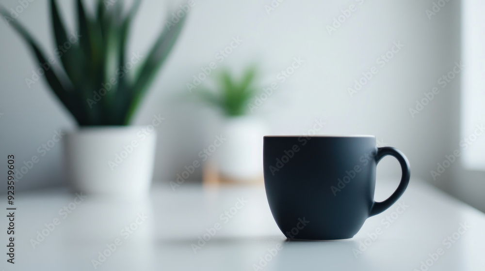 A minimalist lifestyle shot of a coffee cup on a clean, tidy desk in a modern office. A minimalist lifestyle shot of a coffee cup on a clean, tidy desk in a modern office.