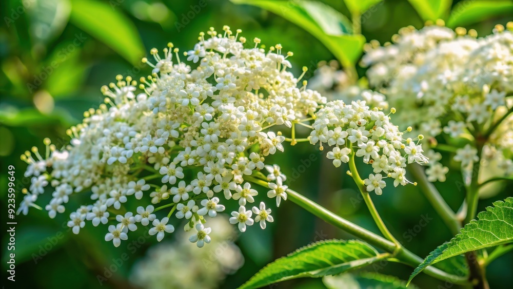 Close-up of beautiful black elderberry flowers and buds on a branch , elderberry, spring, bloom, nature, botanical, garden Close-up of beautiful black elderberry flowers and buds on a branch , elderberry, spring, bloom, nature, botanical, garden