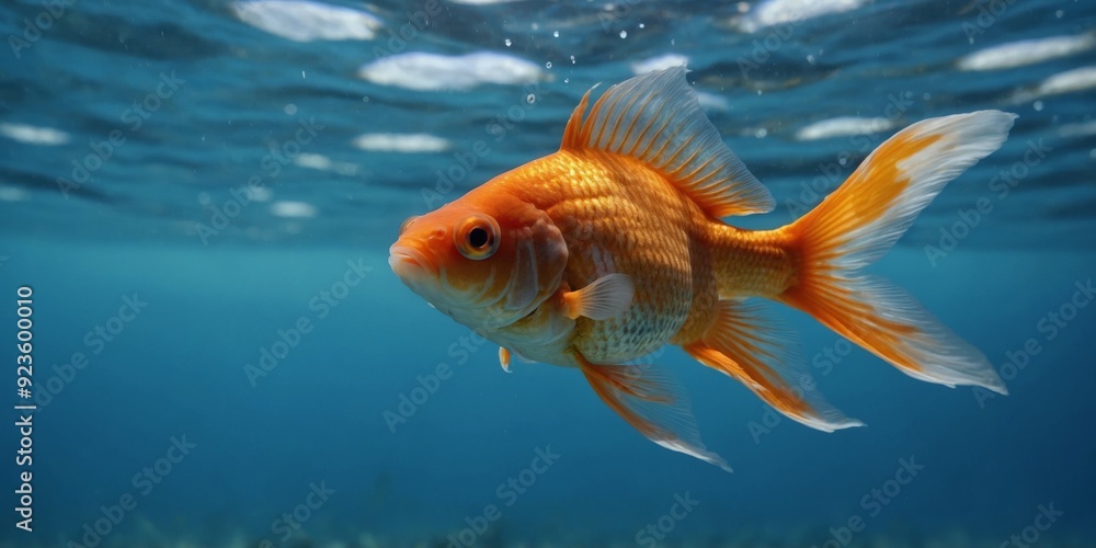 A single goldfish swimming to the left on a serene blue background with plenty of space. A single goldfish swimming to the left on a serene blue background with plenty of space.