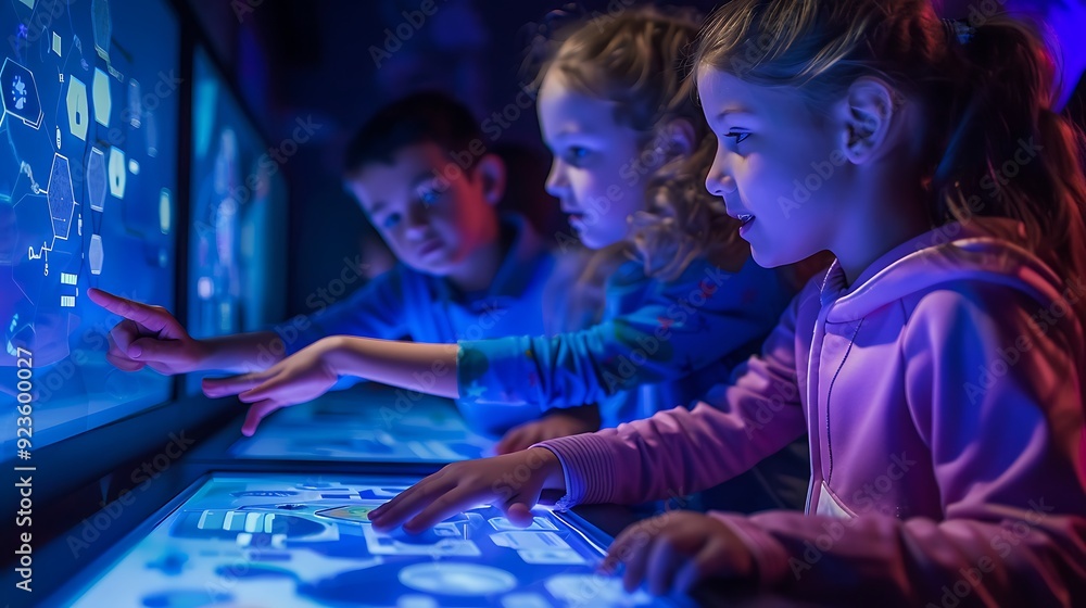 Children on a field trip explore a science museum exhibit, pointing and interacting with displays. Children on a field trip explore a science museum exhibit, pointing and interacting with displays.