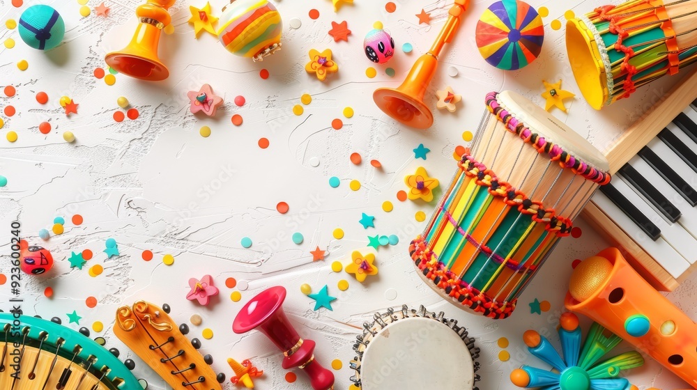 Fototapeta premium Vibrant and Colorful Education Back to School Background with Musical Instruments and Art Supplies