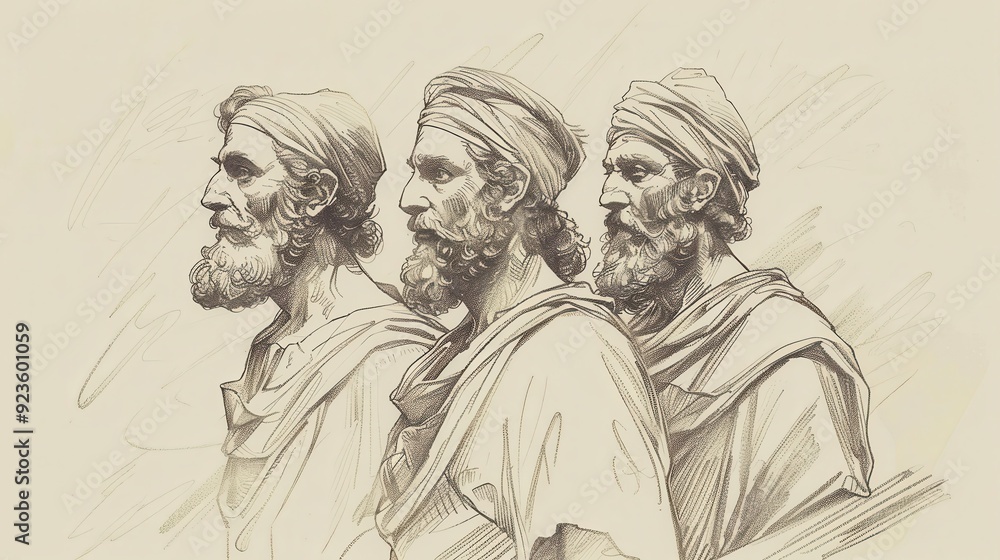 Genesis,The Table of Nations:Biblical illustration of Noah’s sons, Shem, Ham, and Japheth, minimalist bold pencil sketch, soft beige background, high-resolution, ideal for spiritual wall art. Genesis,The Table of Nations:Biblical illustration of Noah’s sons, Shem, Ham, and Japheth, minimalist bold pencil sketch, soft beige background, high-resolution, ideal for spiritual wall art.