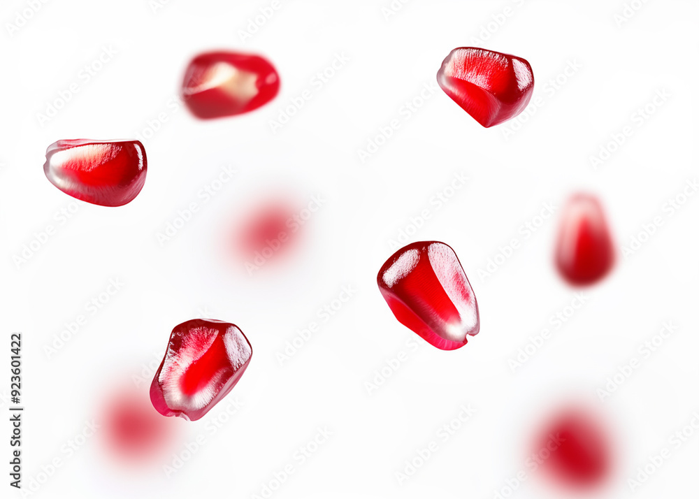 The rich and vibrant image of whole and sliced pomegranates suspended in the air, displaying their juicy seeds and deep red color, the theme of antioxidants and health. The rich and vibrant image of whole and sliced pomegranates suspended in the air, displaying their juicy seeds and deep red color, the theme of antioxidants and health.