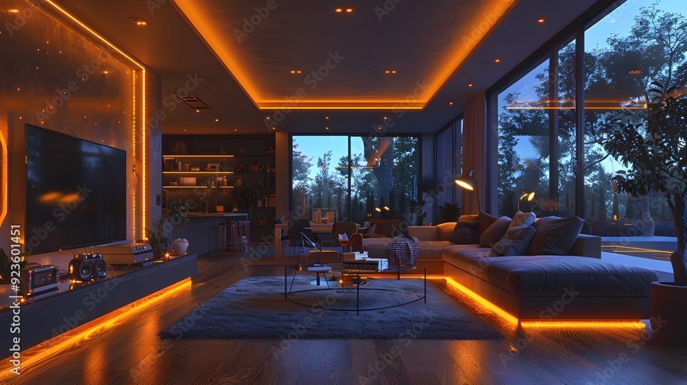 IoT Concept in a Modern Living Room: A Fusion of Business, Technology, and Interior Design. Showcasing Smart Home Features with Holographic Smart Technology Images. A Vision of the Future Where Busine IoT Concept in a Modern Living Room: A Fusion of Business, Technology, and Interior Design. Showcasing Smart Home Features with Holographic Smart Technology Images. A Vision of the Future Where Busine