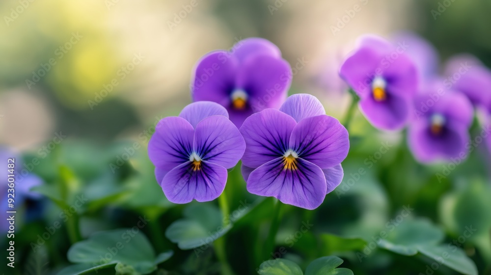 Vibrant purple pansies showcase their delicate petals in a lush garden setting. Vibrant purple pansies showcase their delicate petals in a lush garden setting.