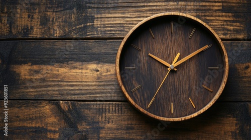 Wallpaper Mural Elegant Round Clock on Wooden Table Top View with Copy Space Torontodigital.ca