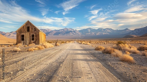 Abandoned wooden house beside a dusty road in a vast desert landscape at sunset